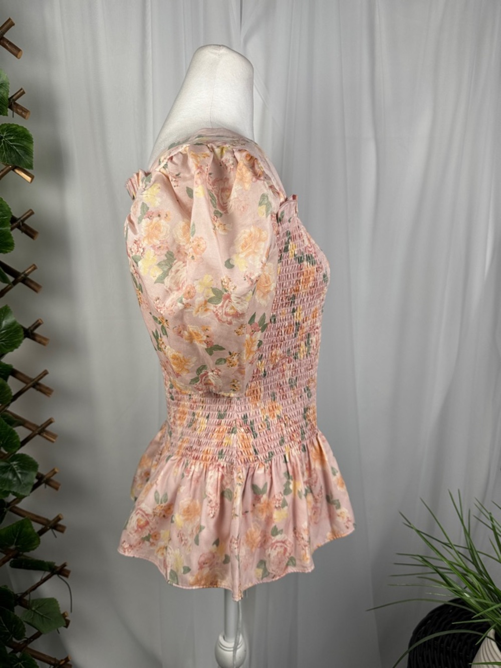 Rachel Parcell Pink Floral Smocked Peplum Blouse - Picture 5 of 7